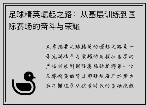 足球精英崛起之路：从基层训练到国际赛场的奋斗与荣耀