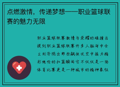 点燃激情，传递梦想——职业篮球联赛的魅力无限