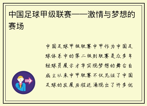 中国足球甲级联赛——激情与梦想的赛场