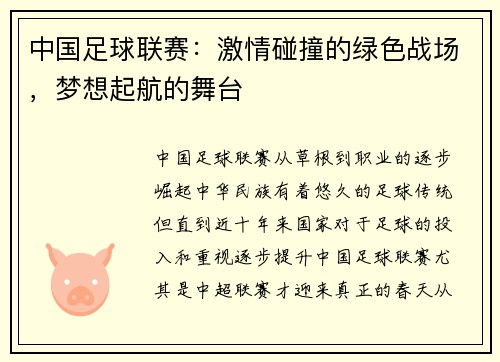 中国足球联赛：激情碰撞的绿色战场，梦想起航的舞台